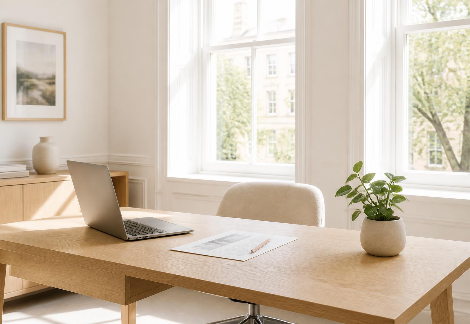 A bright, calm office with a laptop and a printed document on a wooden desk